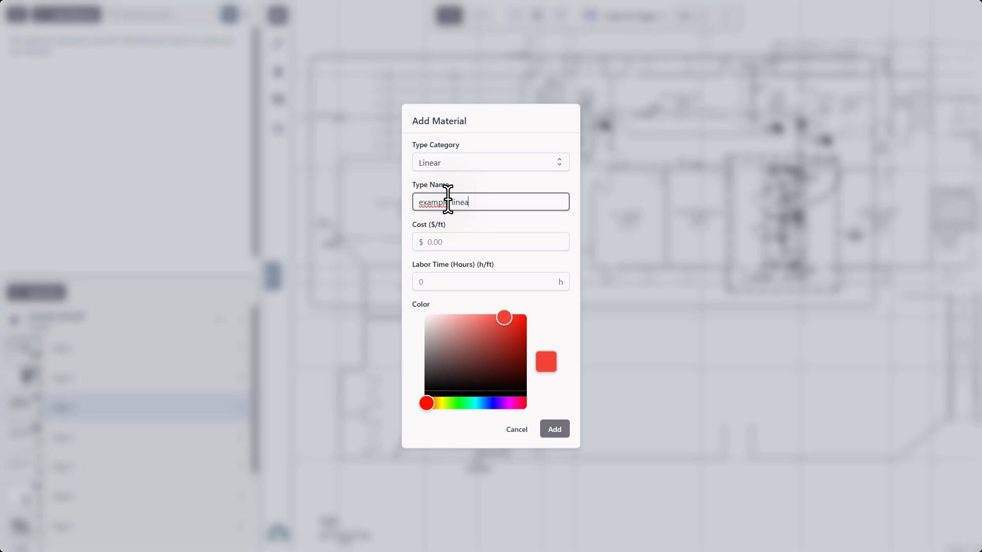 Add Material dialog for Linear type