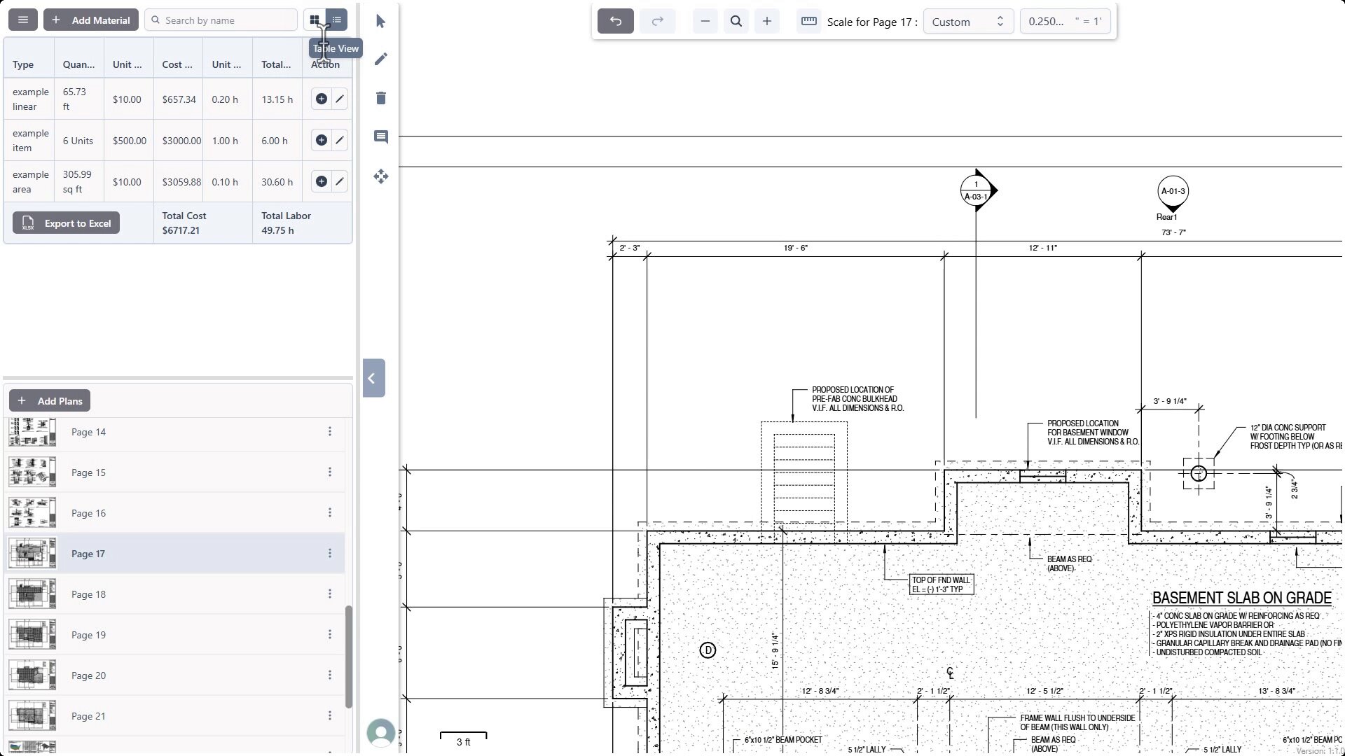 Estimate Summary table view
